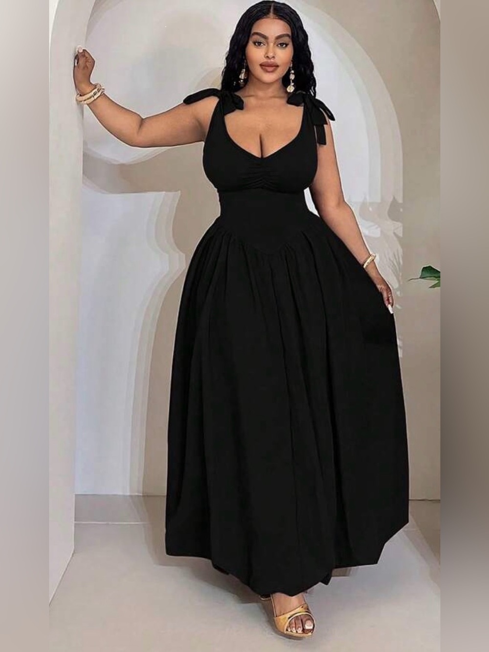 Elegant Black Tie-Shoulder Maxi Dress